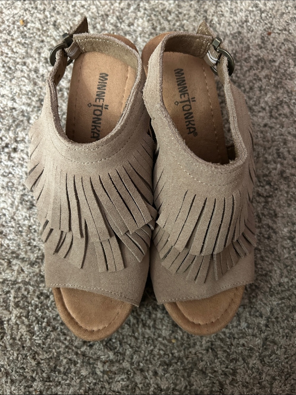 Minnetonka Taupe Suede Fringe Mules, Size 7
